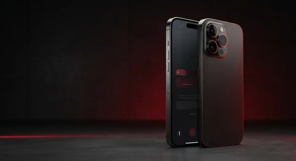A smartphone standing upright on a dark surface lit in red