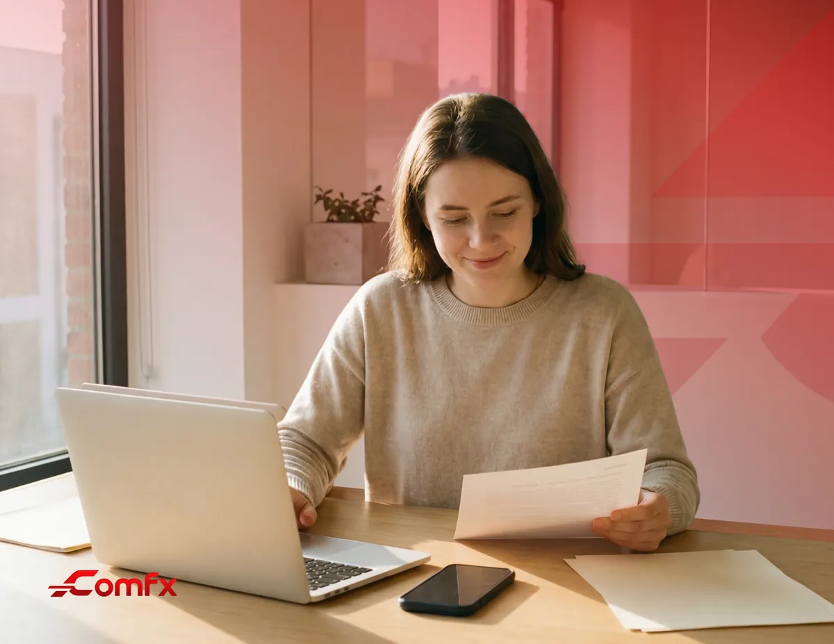 Remote employee at a home desk with a laptop and phone, reading a document
